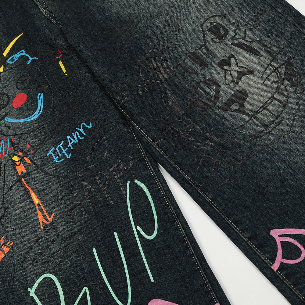 Retro Graffiti Straight-leg Denim Jeans