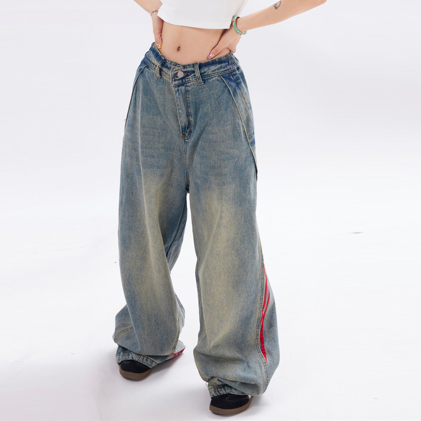 Striped Straight-leg Denim Jeans
