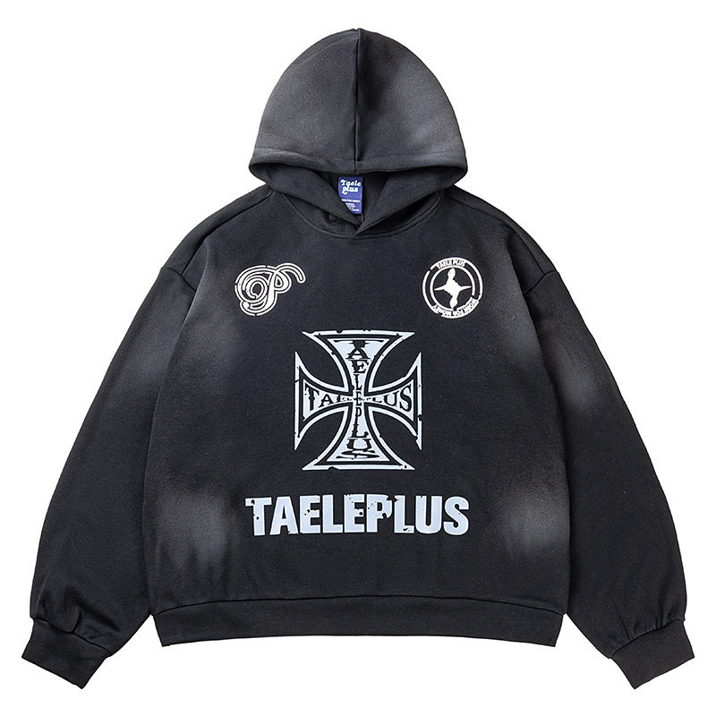 Vintage Cross Letter Printed Distressed Hoodies