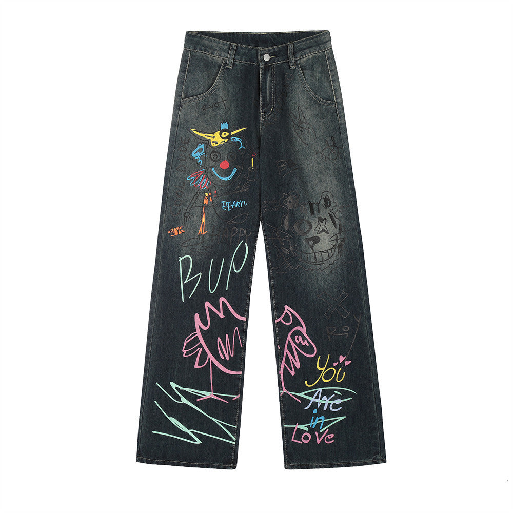 Retro Graffiti Straight-leg Denim Jeans