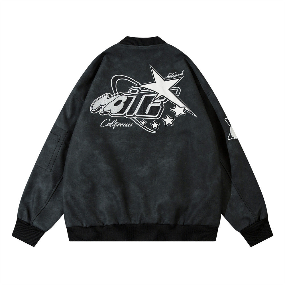 Embroidered PU Leather Jacket