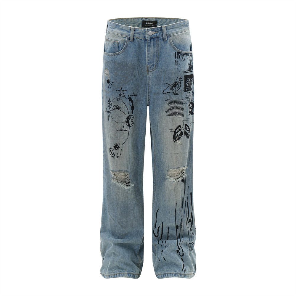 Graffiti Ripped Denim Jeans