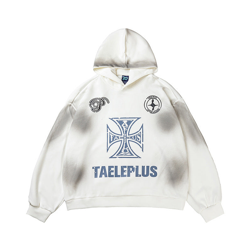 Vintage Cross Letter Printed Distressed Hoodies