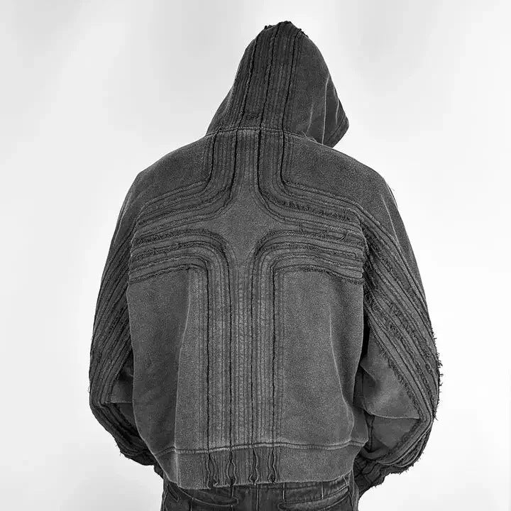 Loose Frayed Cross Design Zipper Hoodie