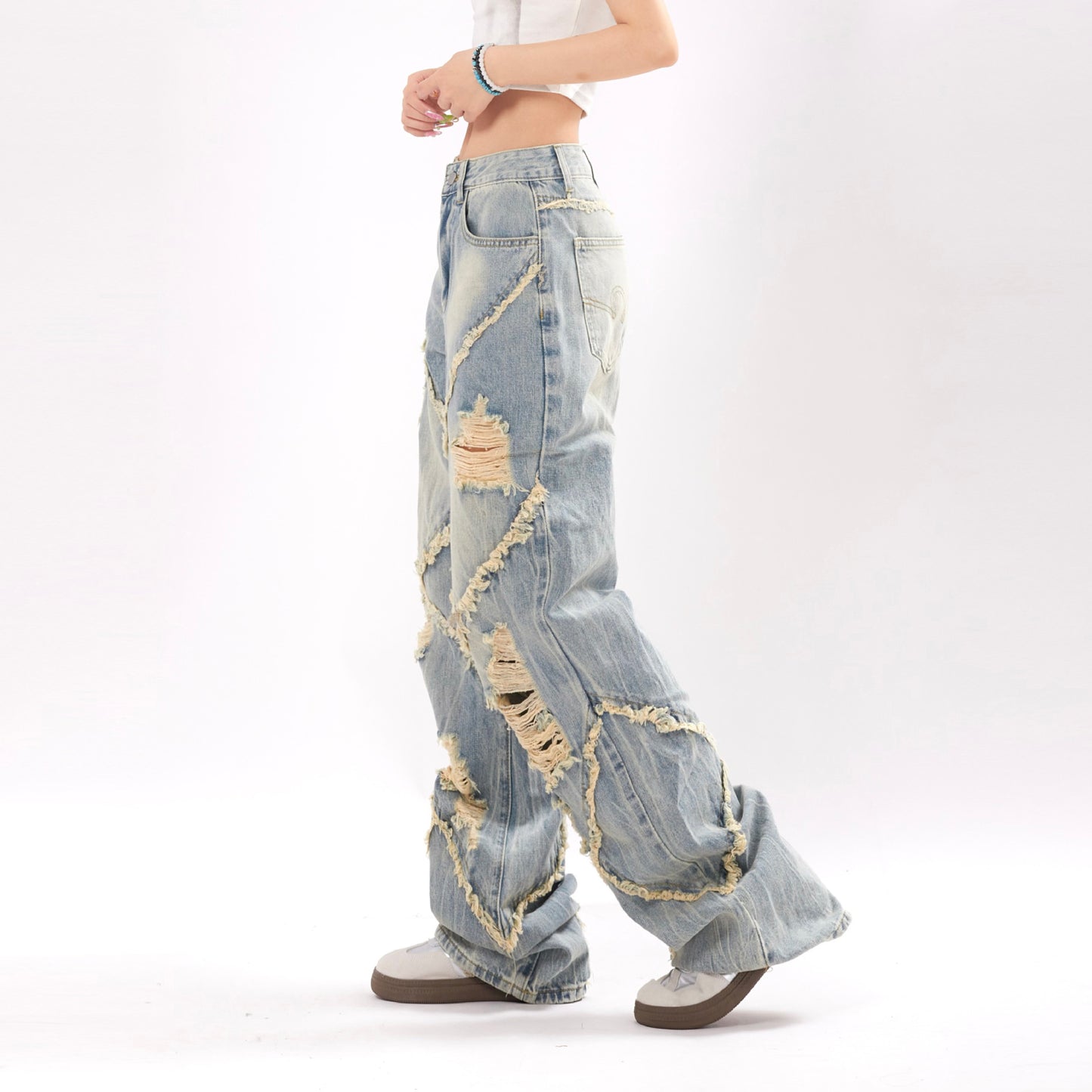 Unisex Ripped Stitching Denim Jeans