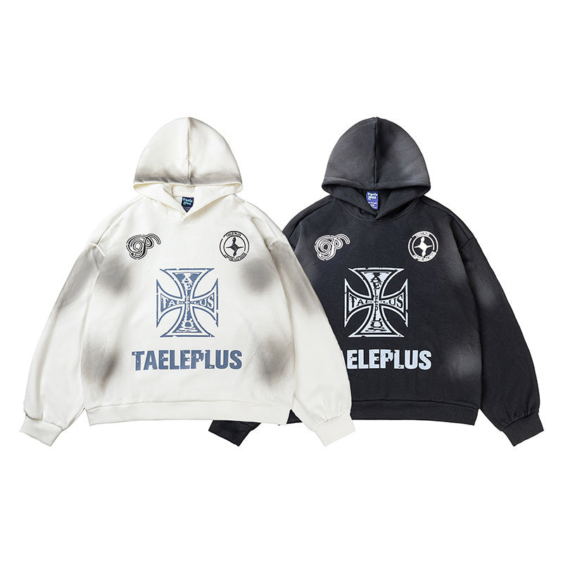 Vintage Cross Letter Printed Distressed Hoodies