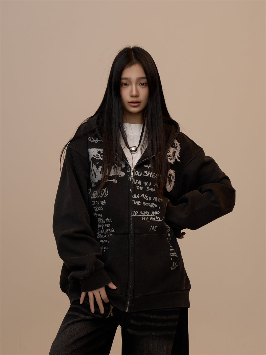 Letter Printed Black Hooded Zipper Coat