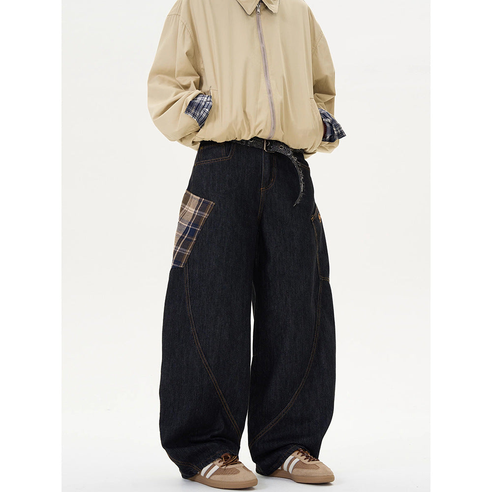 Retro Plaid Straight-Leg Loose Jeans | Cotton Denim