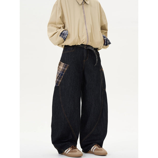 Retro Plaid Straight-Leg Loose Jeans | Cotton Denim
