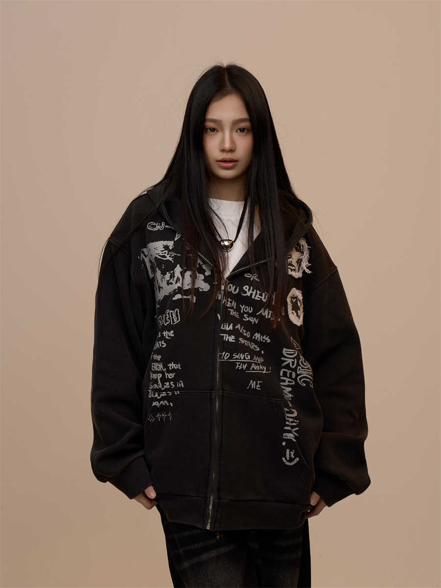 Letter Printed Black Hooded Zipper Coat