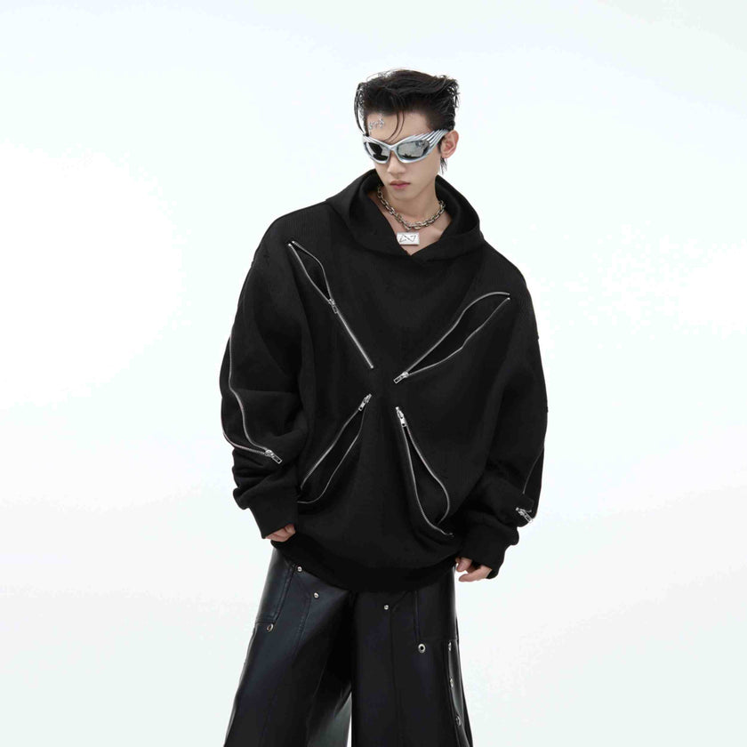 D-vine Multi-Zipper Pullover Hoodie in black - front view