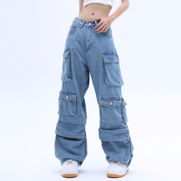 Multi-Pocket Washed Baggy Jeans | High Street Style