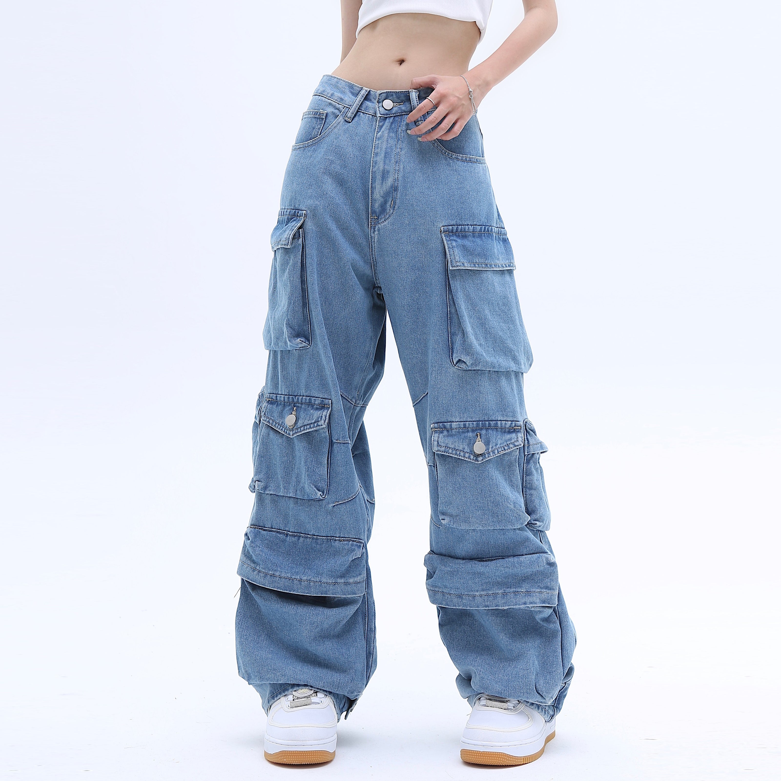 Multi-Pocket Washed Baggy Jeans | High Street Style