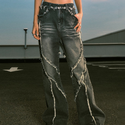 Retro Irregular Stitched Washed Jeans