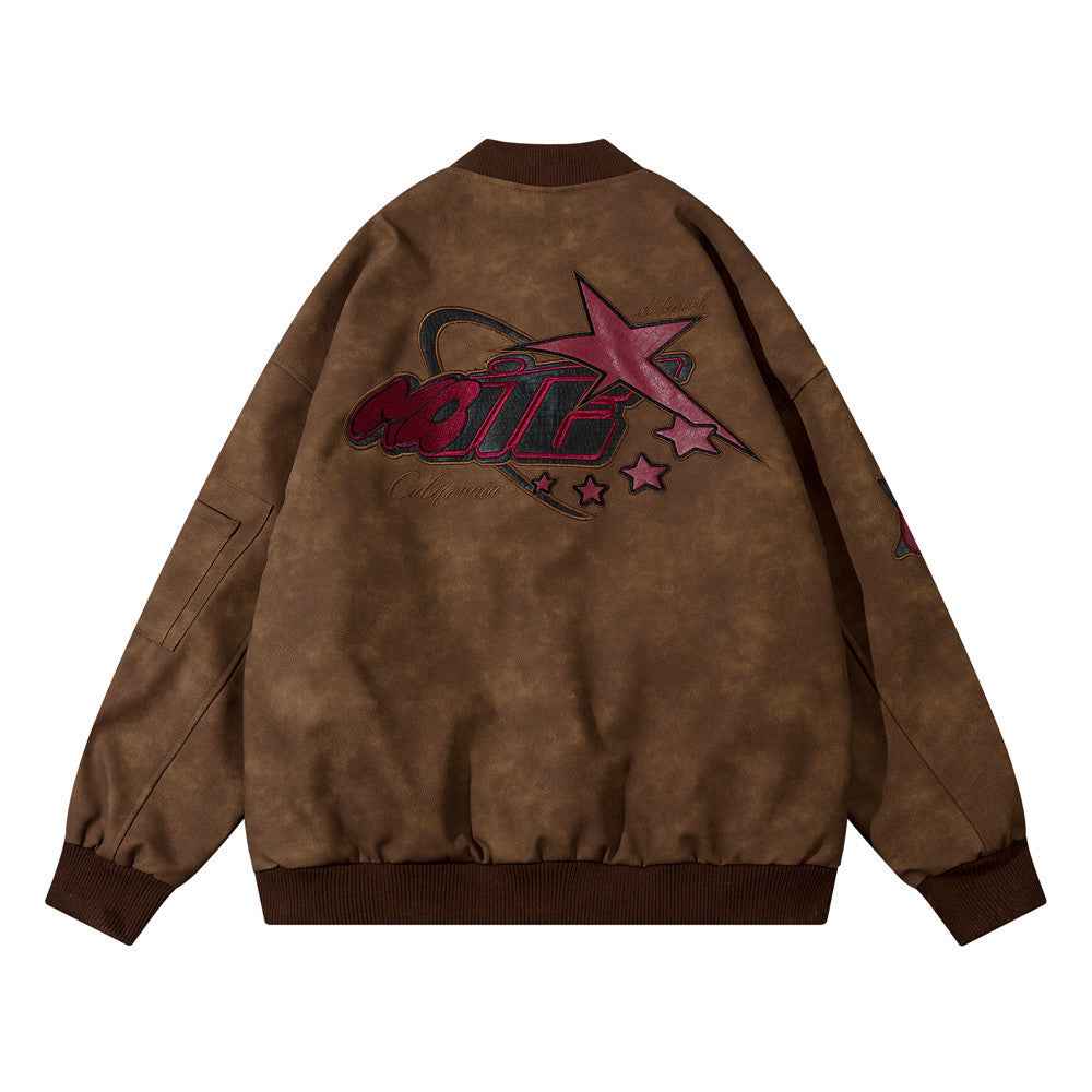 D-vine Embroidered PU Leather Jacket - front view in black