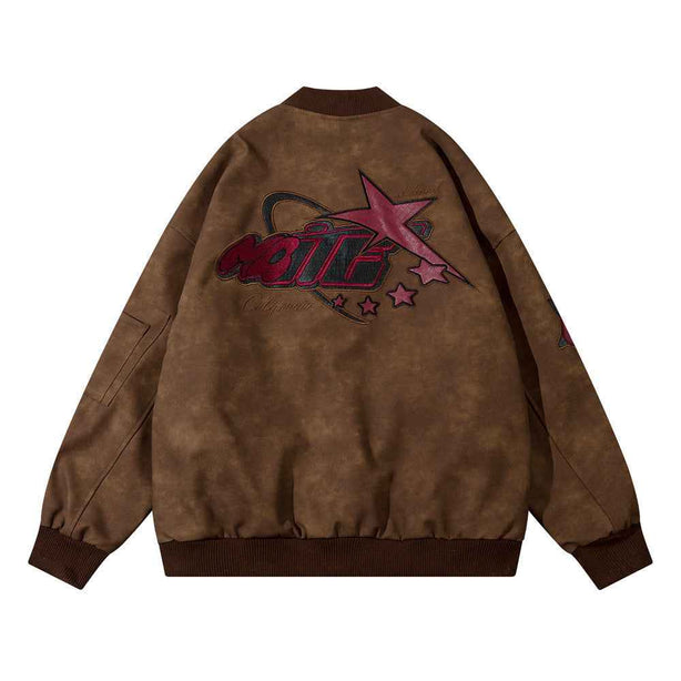 D-vine Embroidered PU Leather Jacket - front view in black