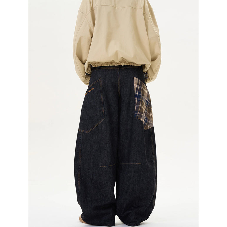 Retro Plaid Straight-Leg Loose Jeans | Cotton Denim