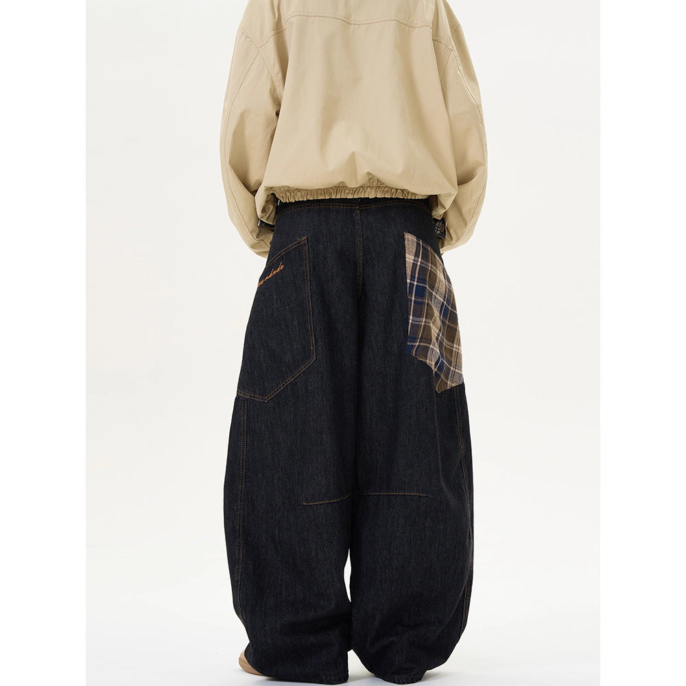 Retro Plaid Straight-Leg Loose Jeans | Cotton Denim