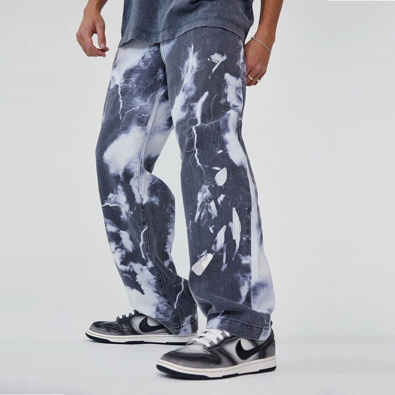 Tie-Dye Washed Baggy Jeans | Loose Fit Grey Denim