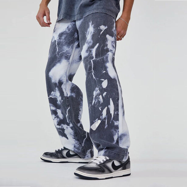 Tie-Dye Washed Baggy Jeans | Loose Fit Grey Denim