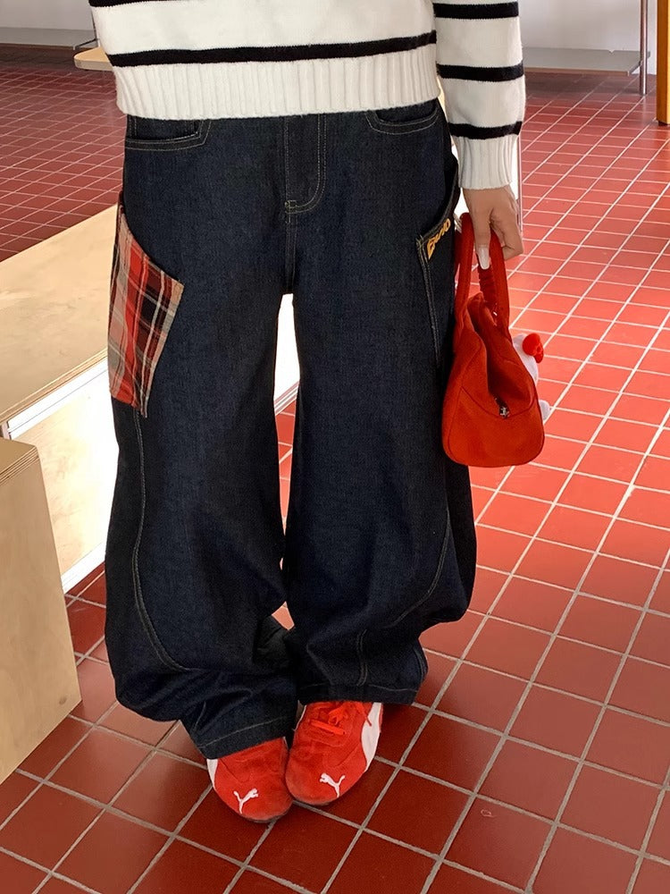 Retro Plaid Straight-Leg Loose Jeans | Cotton Denim