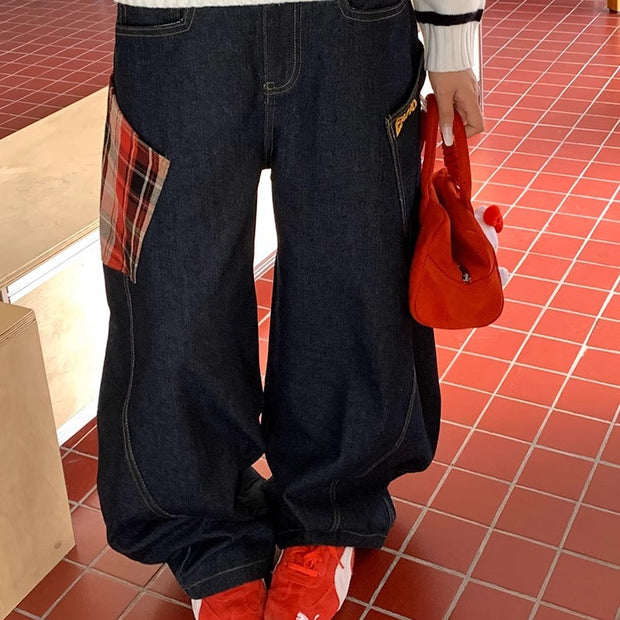 Retro Plaid Straight-Leg Loose Jeans | Cotton Denim