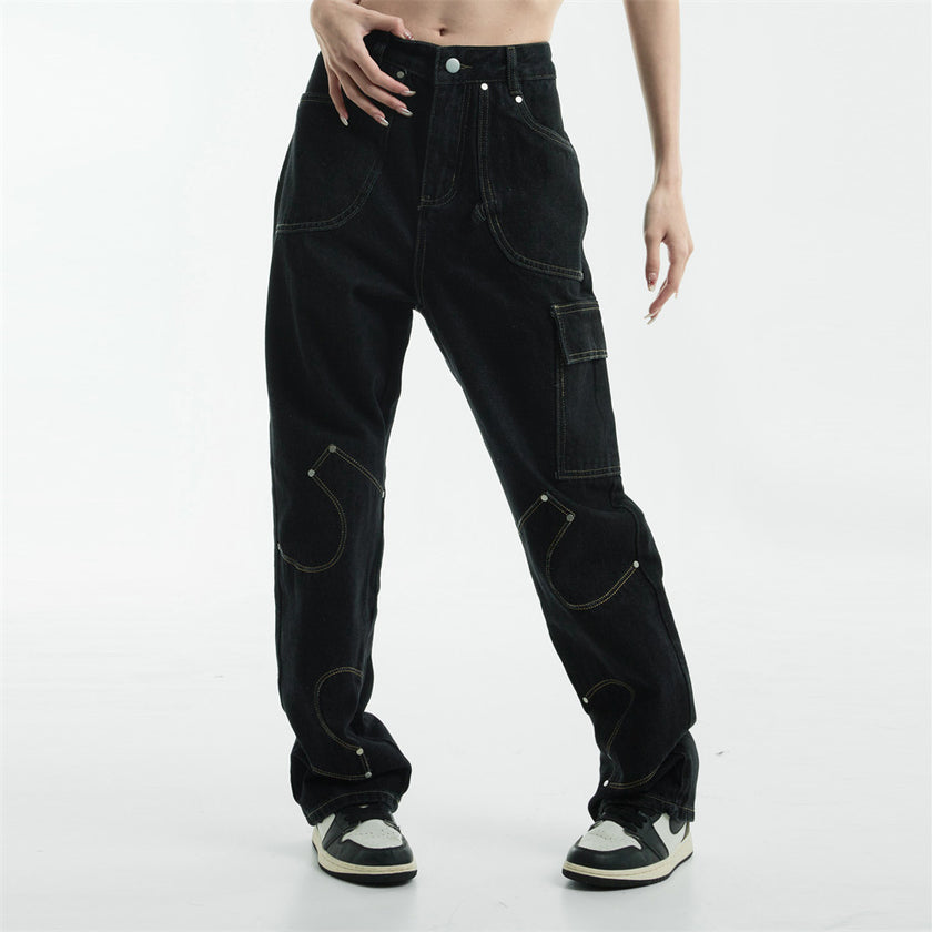 Irregular Pattern Stitched Black Denim Jeans | Streetwear
