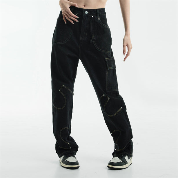 Irregular Pattern Stitched Black Denim Jeans | Streetwear