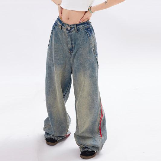 Striped Straight-leg Denim Jeans