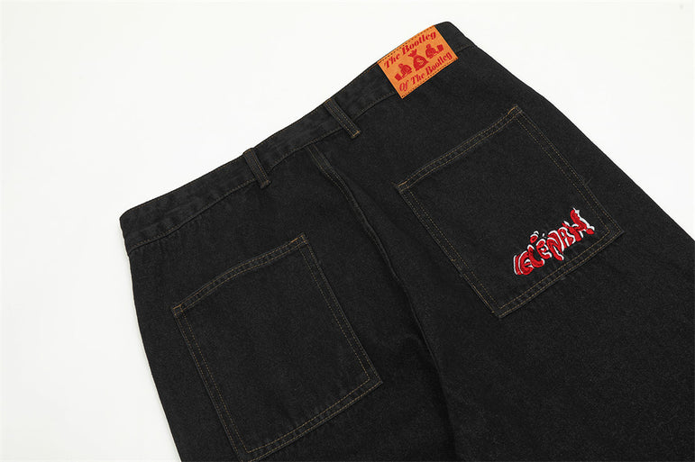 Irregular Pattern Stitched Black Denim Jeans | Streetwear