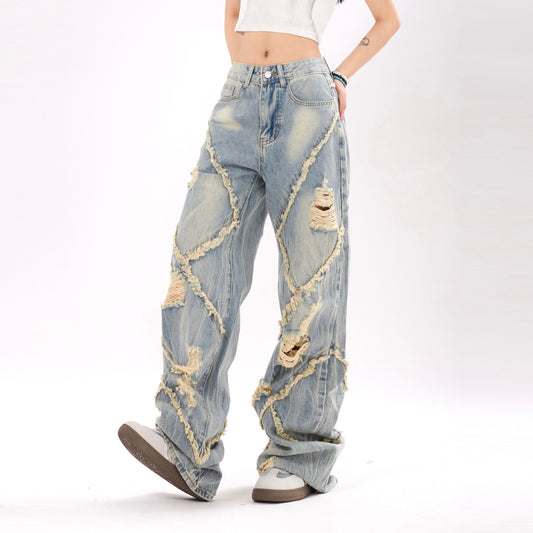 Unisex Ripped Stitching Denim Jeans