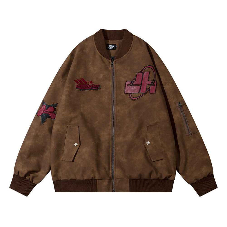 D-vine Embroidered PU Leather Jacket - brown colourway front view