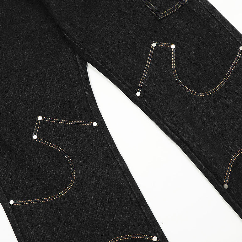 Irregular Pattern Stitched Black Denim Jeans | Streetwear