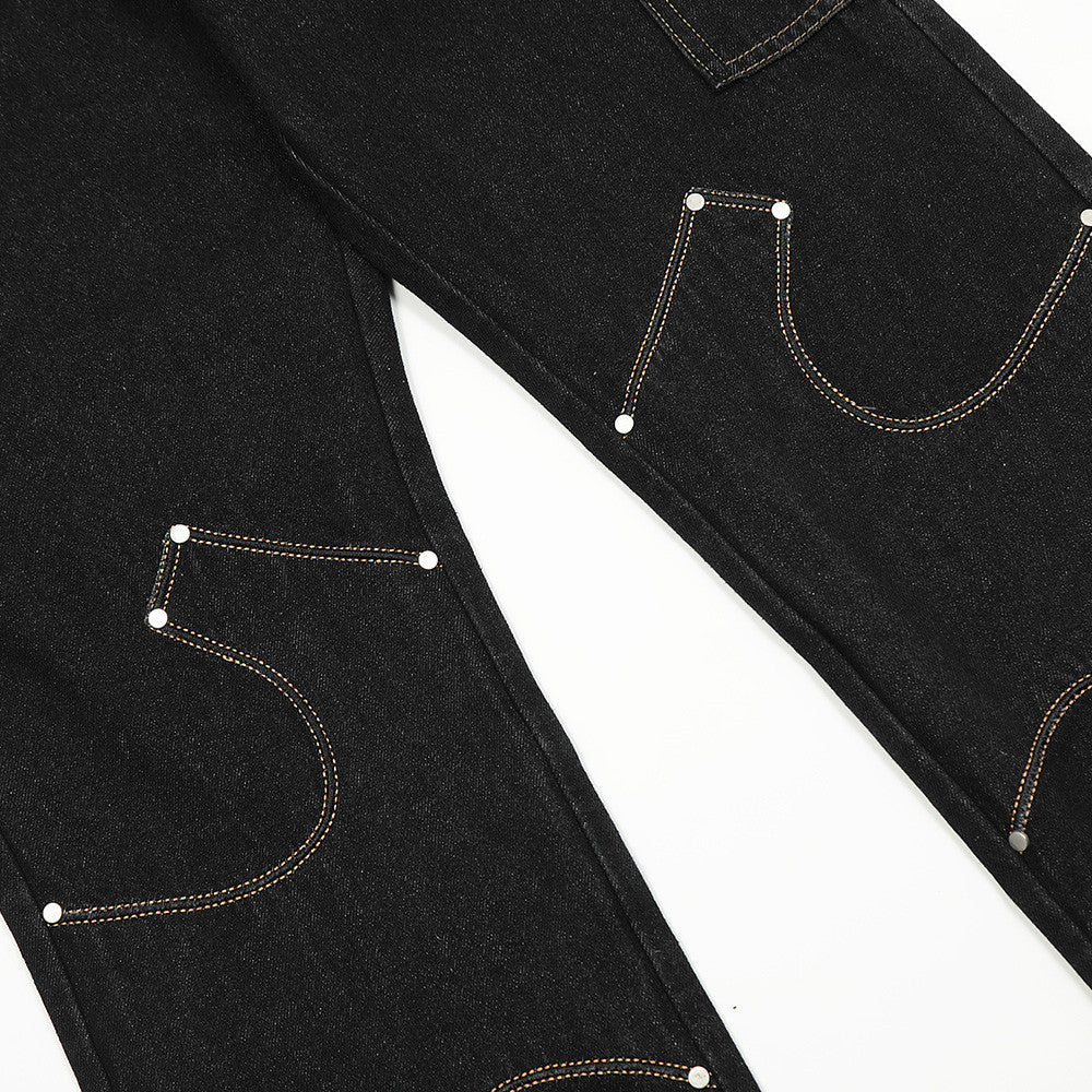 Irregular Pattern Stitched Black Denim Jeans | Streetwear