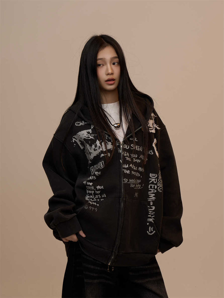 Letter Printed Black Hooded Zipper Coat