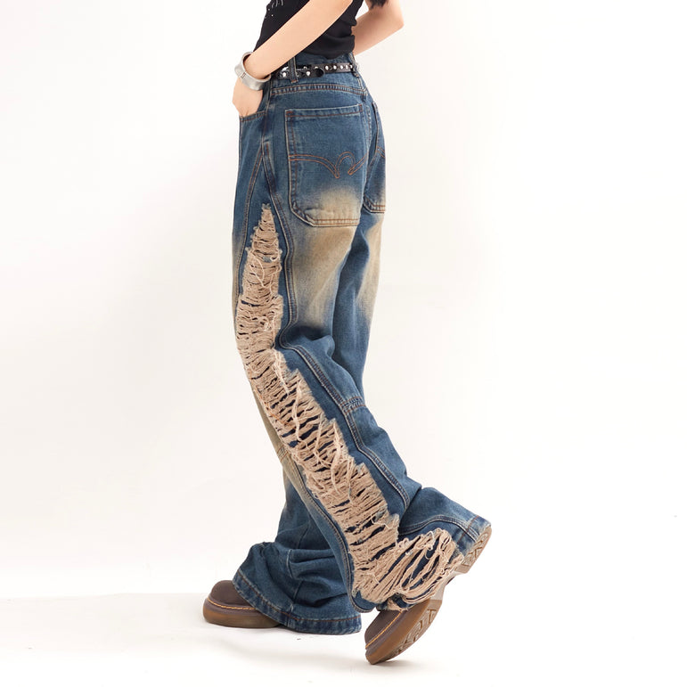 D-vine Side-Ripped Baggy Jeans - side rip detail close-up