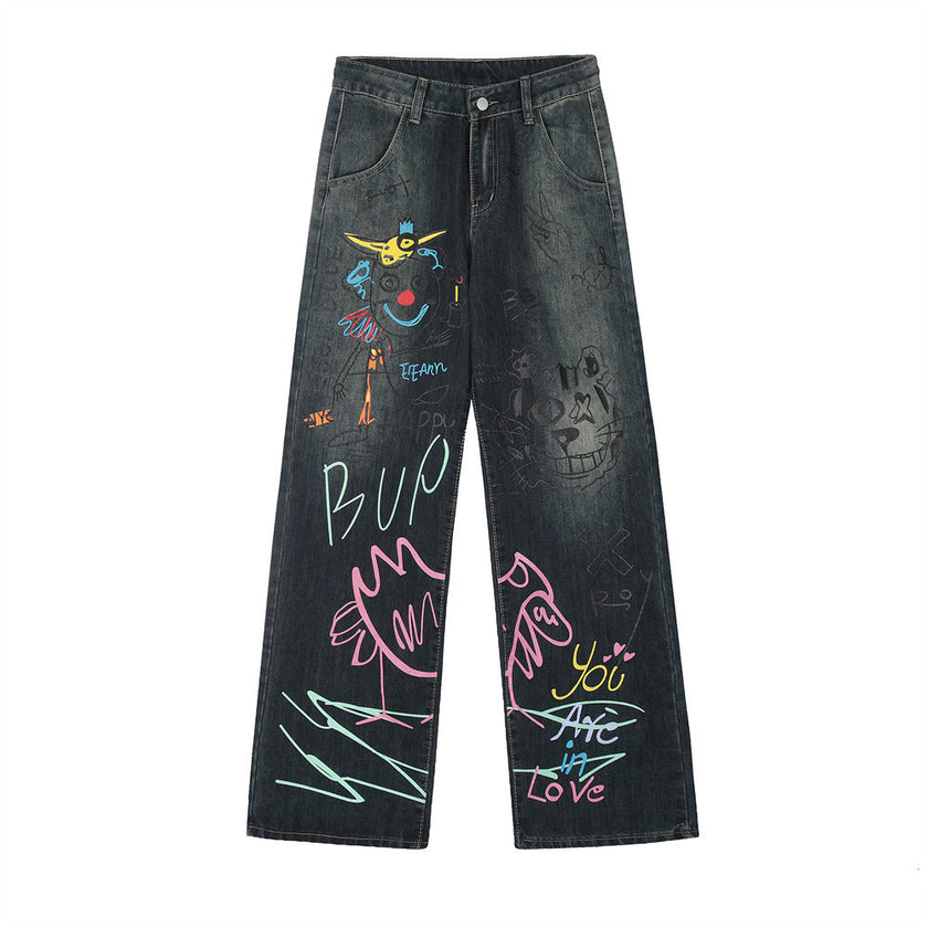 D-vine Graffiti Straight-leg Denim Jeans in retro blue - front view