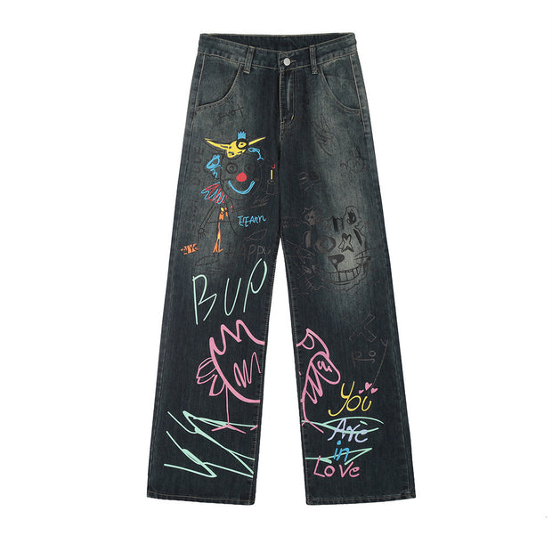 Graffiti Print Straight-Leg Denim Jeans | Retro Blue