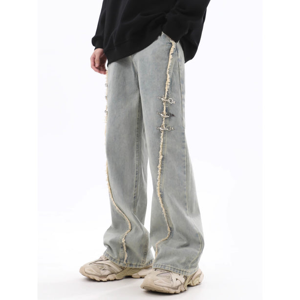 Buckle Raw Hem Baggy Jeans | Retro Streetwear Denim