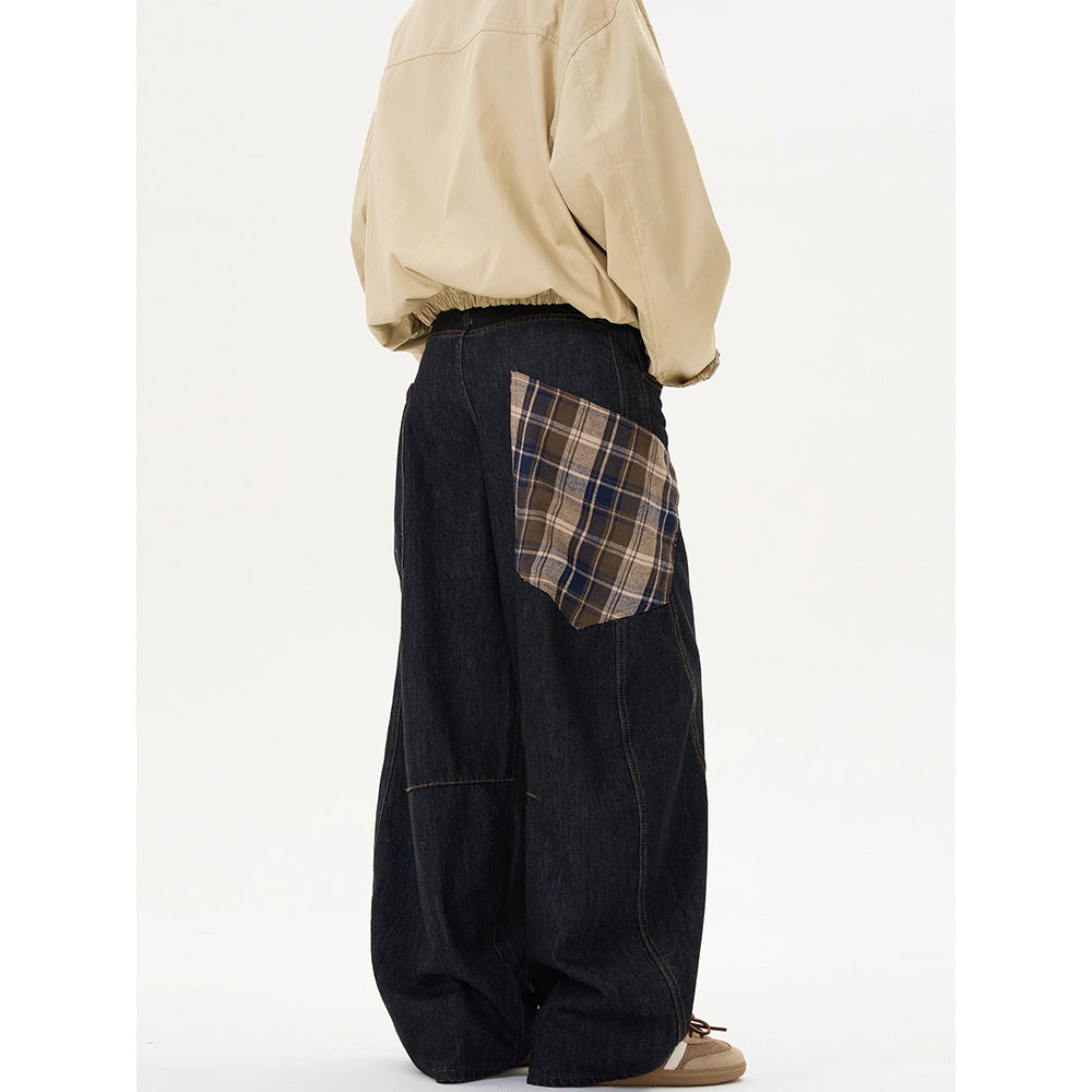 Black wide-leg pants with a plaid pocket on a white background