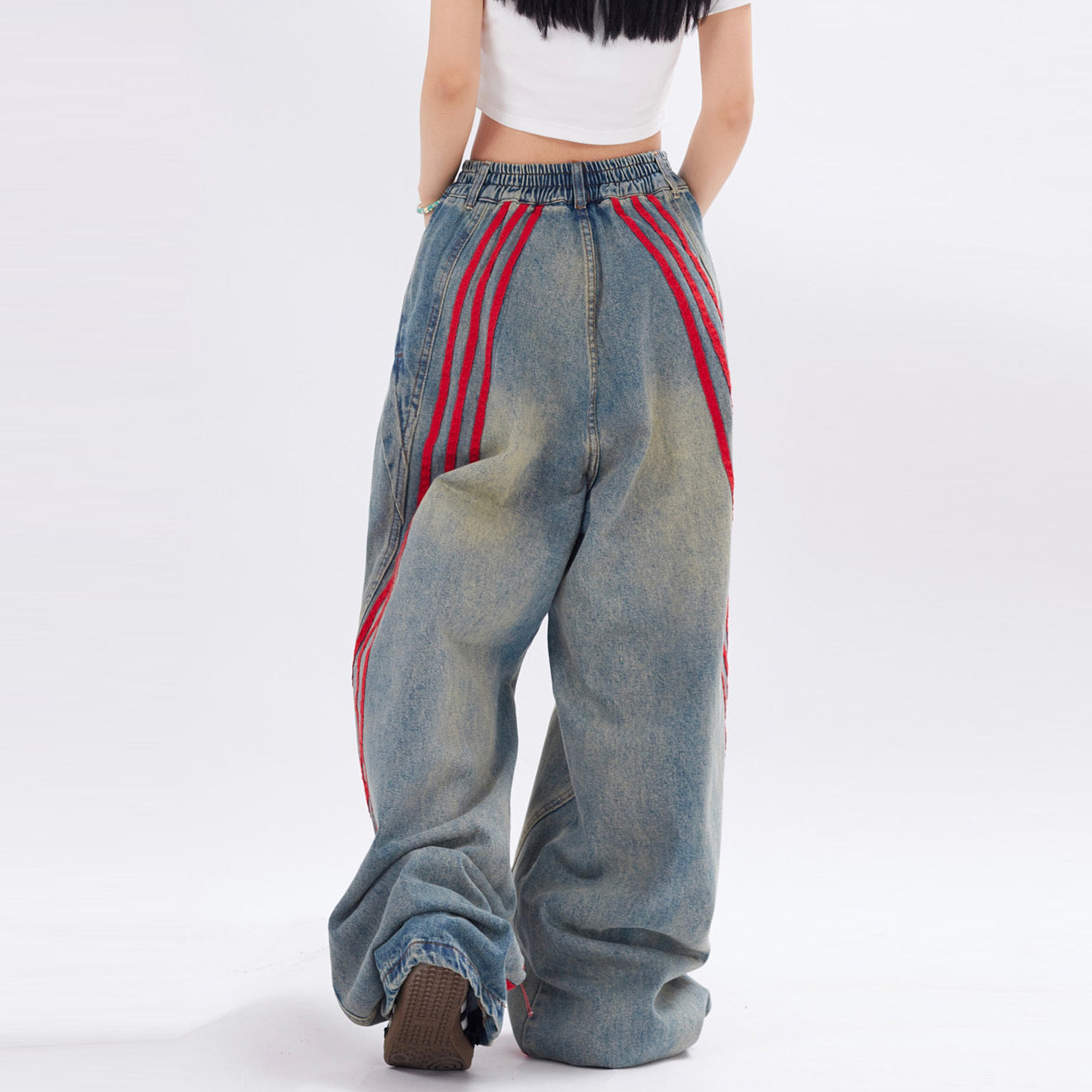 Striped Straight-leg Denim Jeans