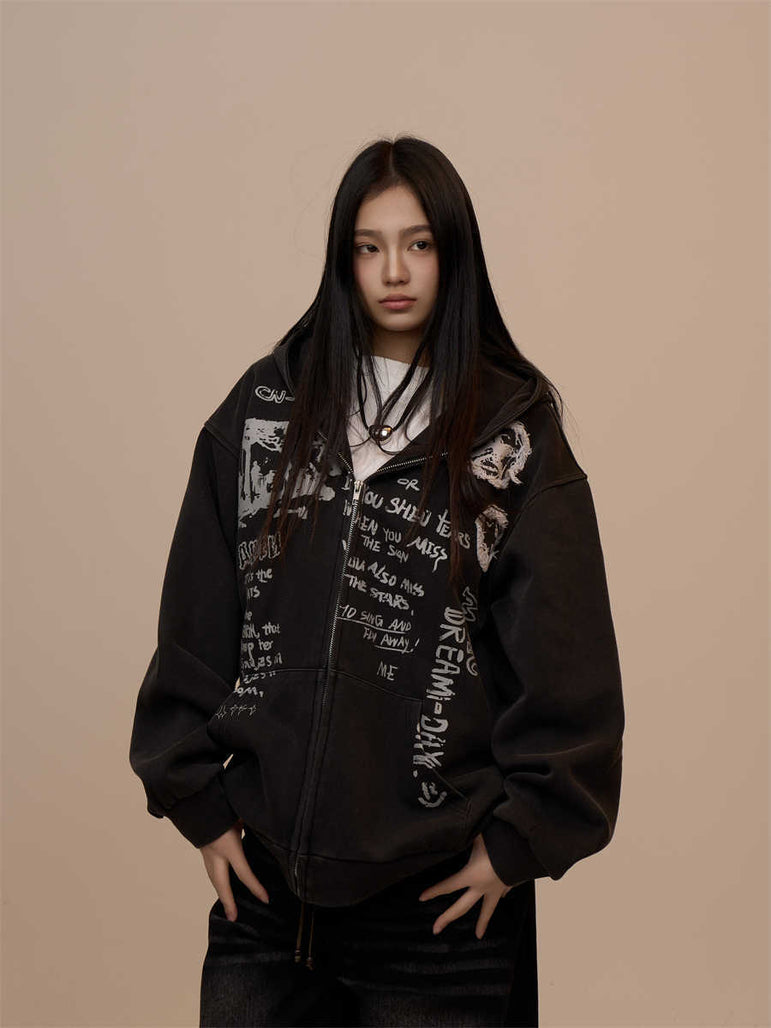 Letter Printed Black Hooded Zipper Coat