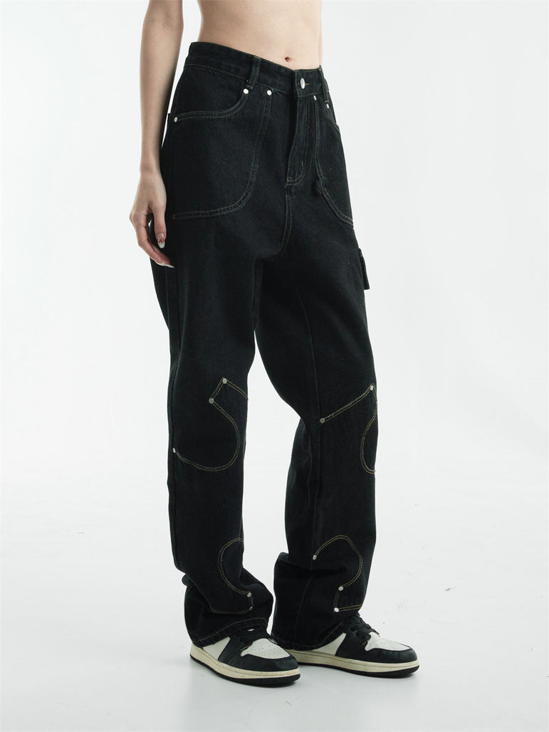 Irregular Pattern Stitched Black Denim Jeans | Streetwear