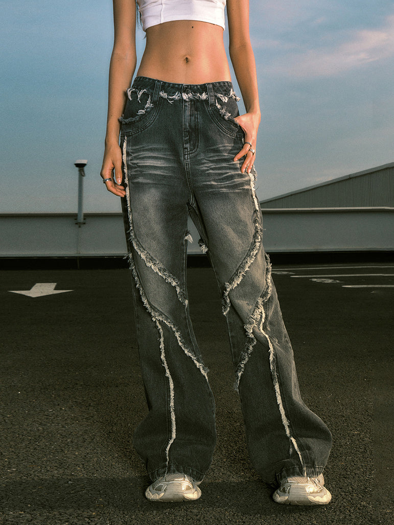 Irregular Stitch Washed Baggy Jeans | Premium Denim