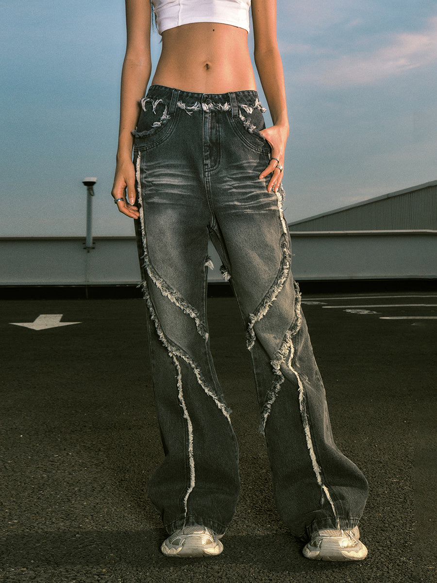 Retro Irregular Stitched Washed Jeans