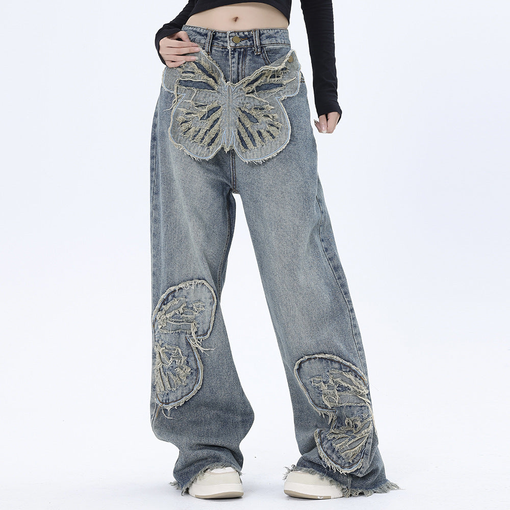 Butterfly Patch Decorative Denim Jeans | Streetwear