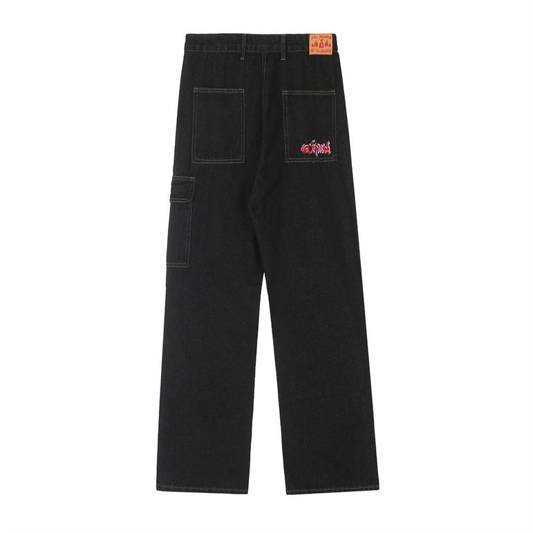 Irregular Pattern Stitched Black Denim Jeans | Streetwear