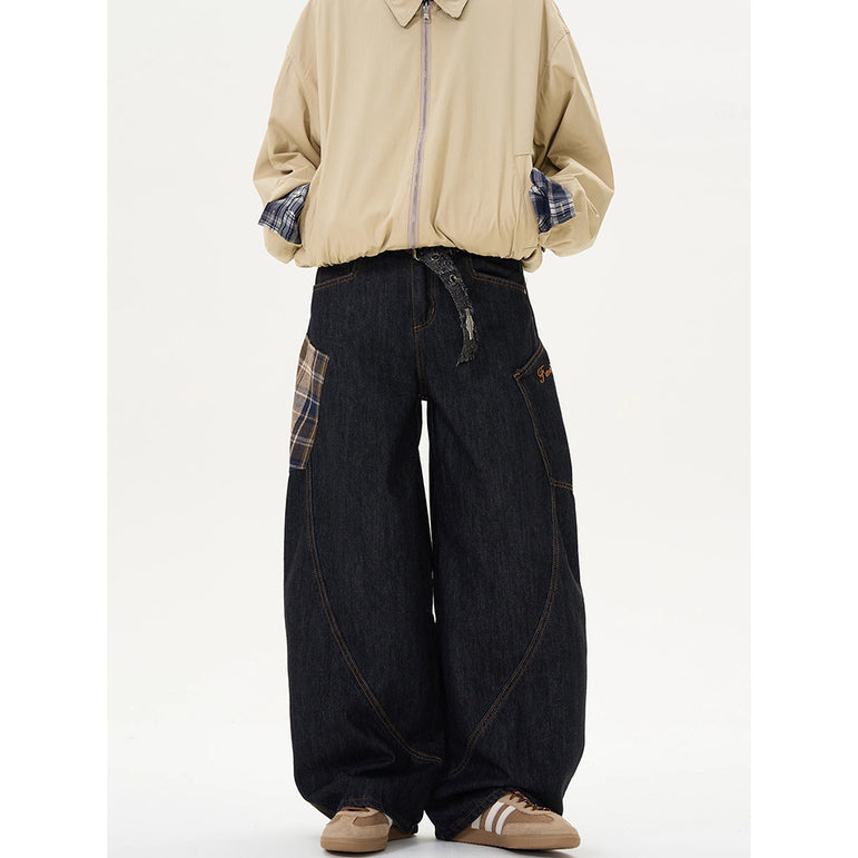 Retro Plaid Straight-Leg Loose Jeans | Cotton Denim