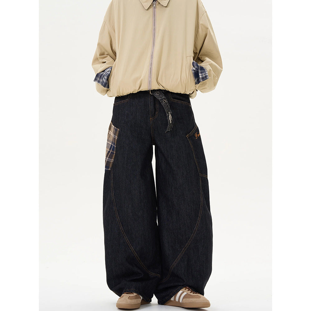 Retro Plaid Straight-Leg Loose Jeans | Cotton Denim