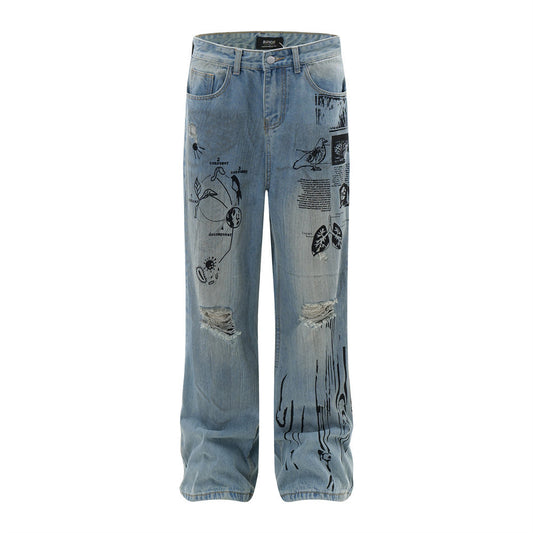 Graffiti Ripped Denim Jeans